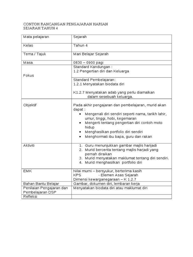 RPH Sejarah Tahun 4 Biodata Diri | PDF