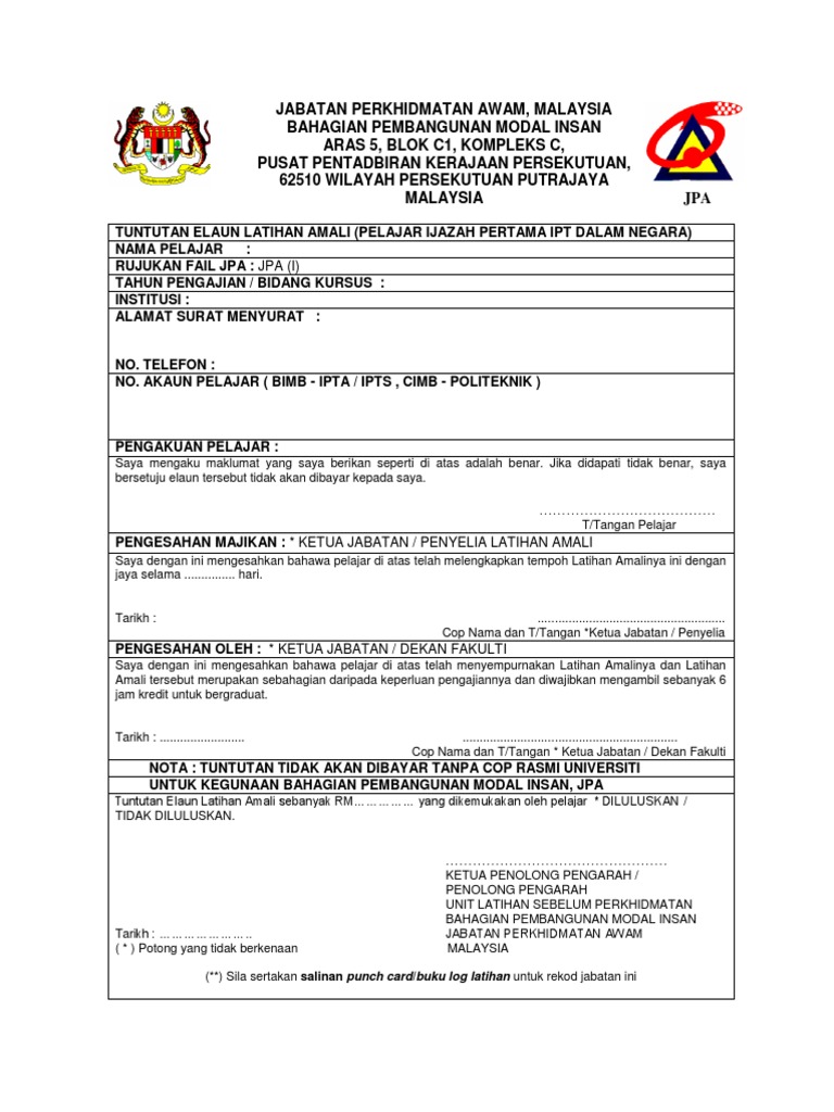 Borang Tuntutan Elaun Latihan Amali Jpa Pdf