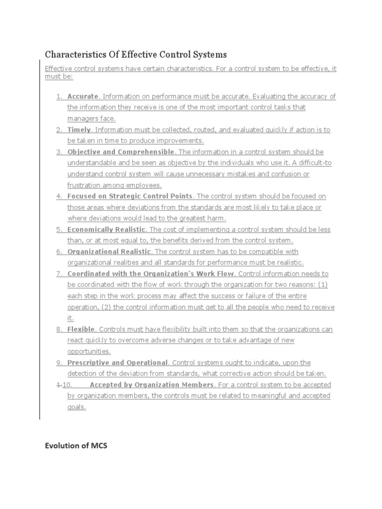 Characteristics of Effective Control Systems Strategic Management