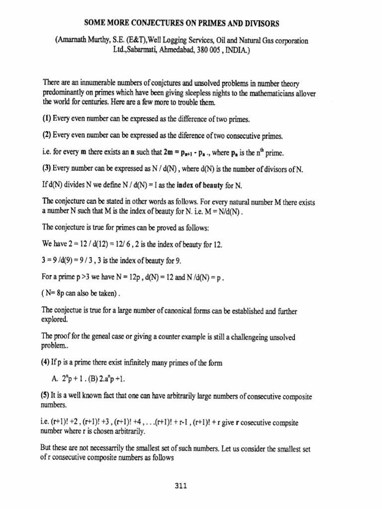 Some More Conjectures On Primes and Divisors | PDF | Conjecture | Prime ...