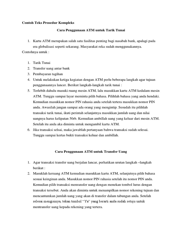 Contoh Teks Prosedur Kompleks Cara Penggunaan Atm Untuk Tarik Tunai 1
