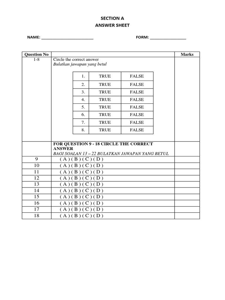 Section A Answer Sheet Instructions | PDF