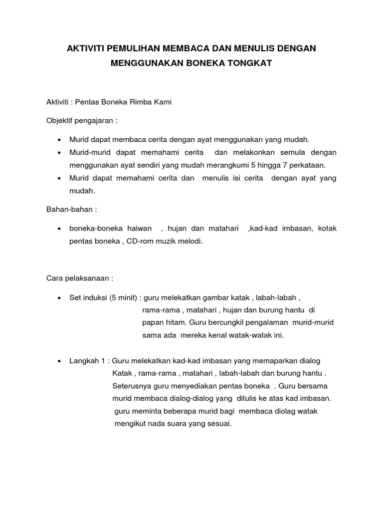 Aktiviti Pemulihan Membaca Dan Menulis Dengan Menggunakan Boneka Tongkat Pdf