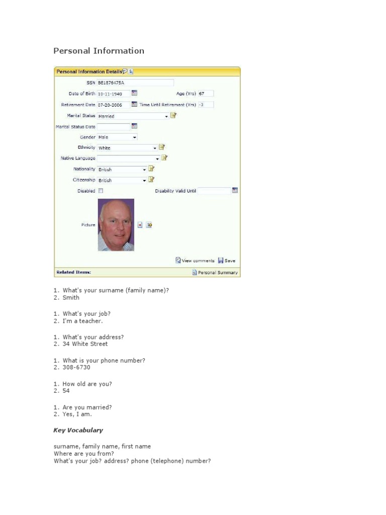 Personal Information: Key Vocabulary | PDF | Leisure | Entertainment ...