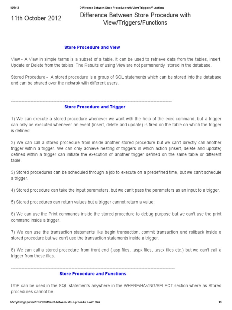 Difference Between Store Procedure With View - Triggers - Functions ...