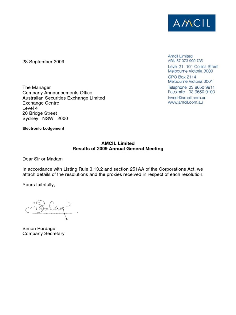 AMCIL Limited Results of 2009 Annual General Meeting: Electronic ...