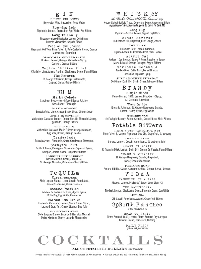 The Violet Hour's Spring Cocktail Menu | PDF