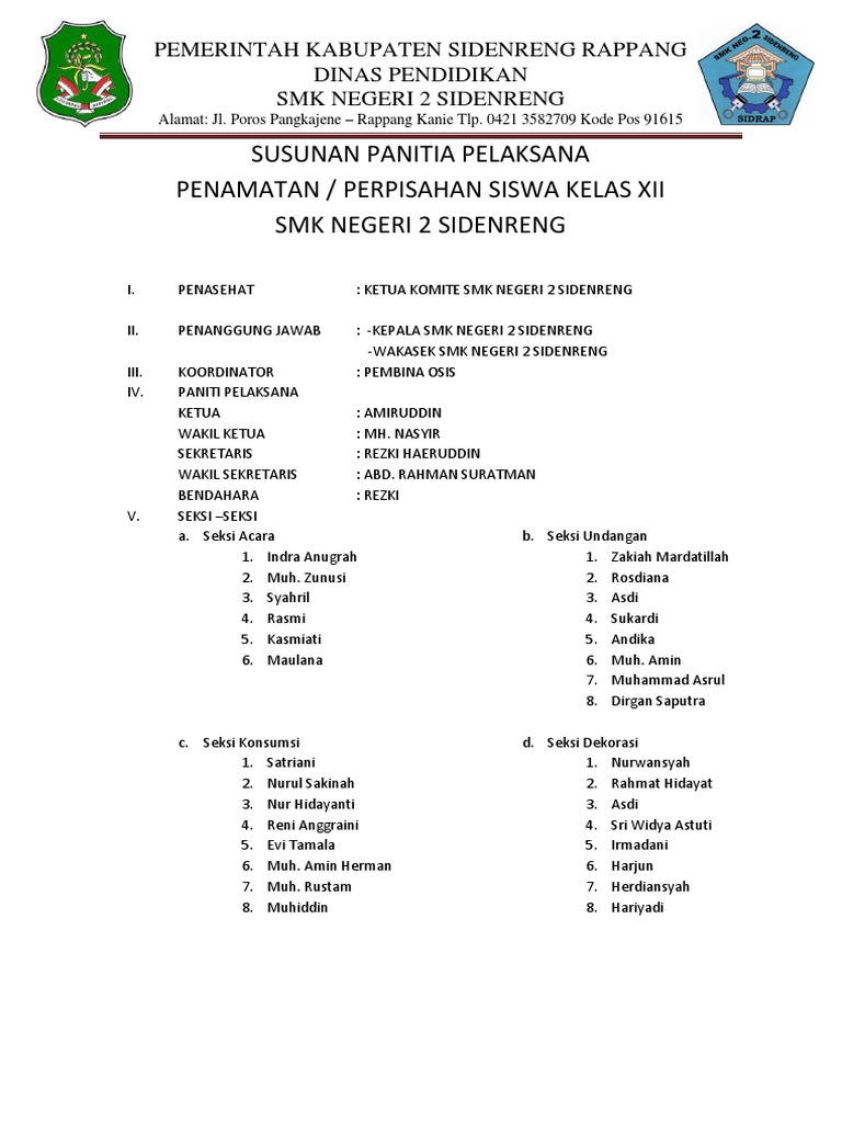 Susunan Panitia Perpisahan Siswa SMK | PDF | Memasak, Makanan, & Anggur