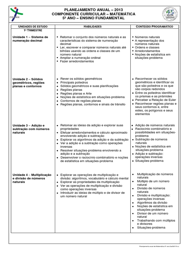 Plano de curso matemática 5º ano