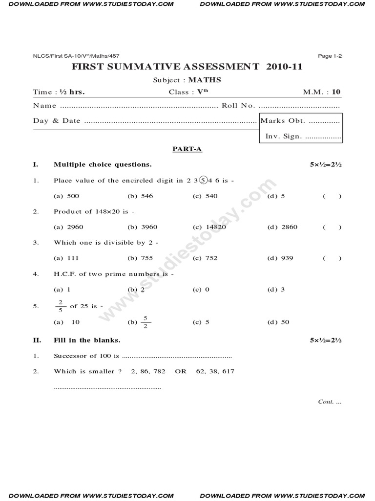 Class 5 Maths First Assessment 2010-11 | PDF | Fraction (Mathematics ...