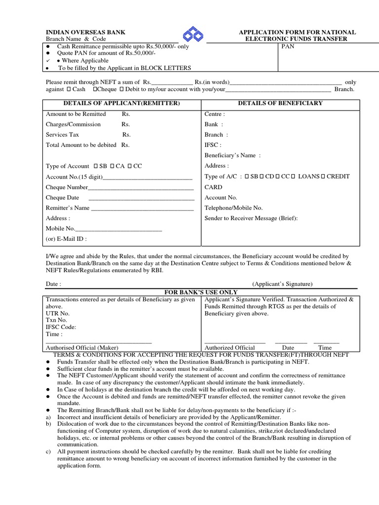 IOB NEFT Transfer Application Form | PDF | Cheque | Banking