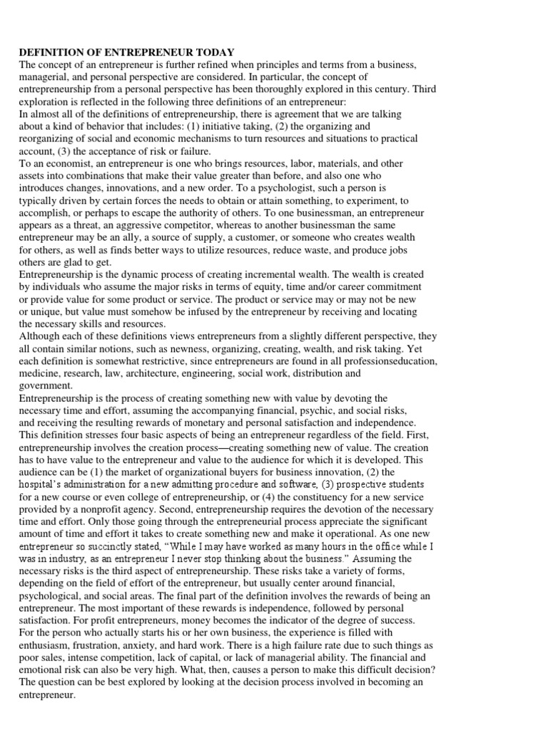 Definition of Entrepreneur Today | PDF | Entrepreneurship | Risk