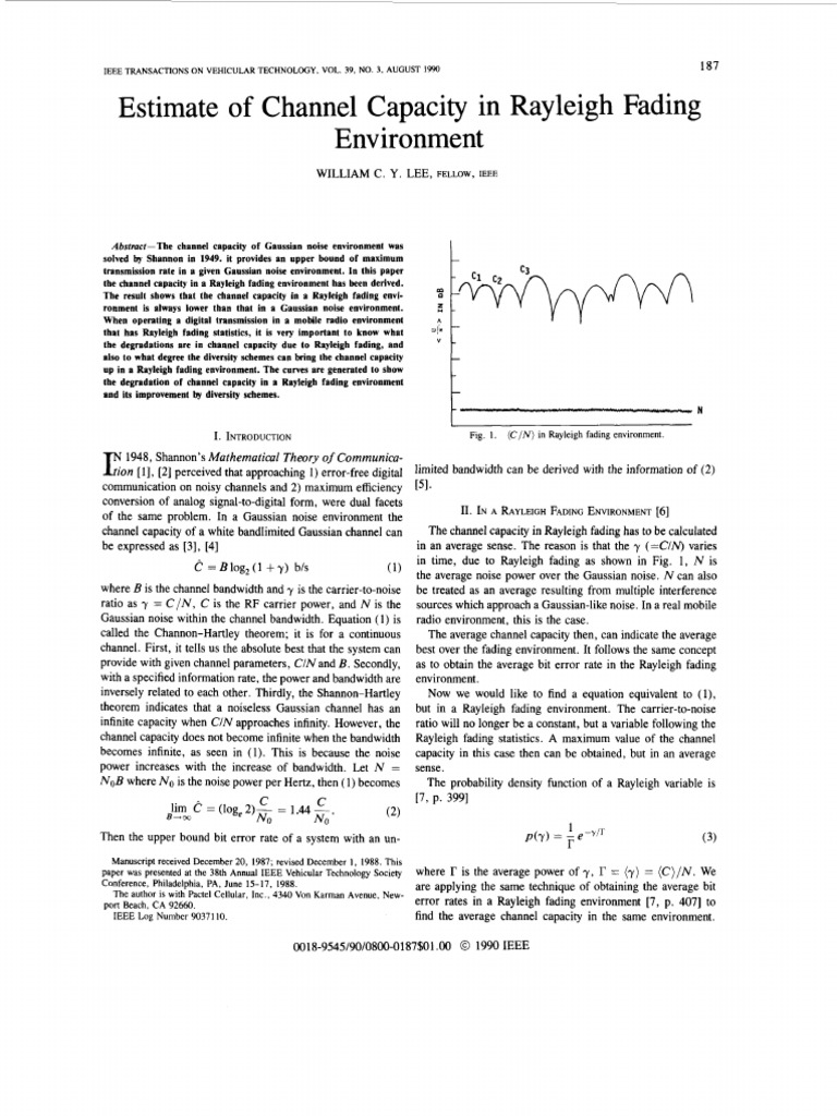 Estimate of Channel Capacity in Rayleigh Fading Environment | PDF ...