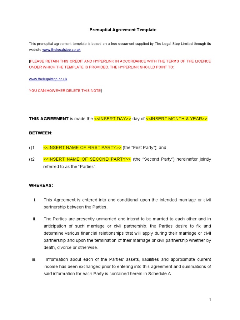 Prenuptial Agreement Template  PDF In unmarried separation agreement template