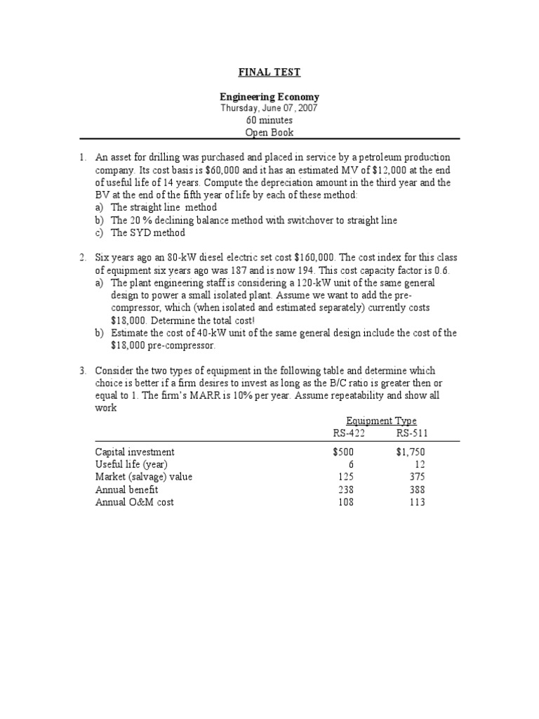 Engineering Economy Final Test Solutions | PDF