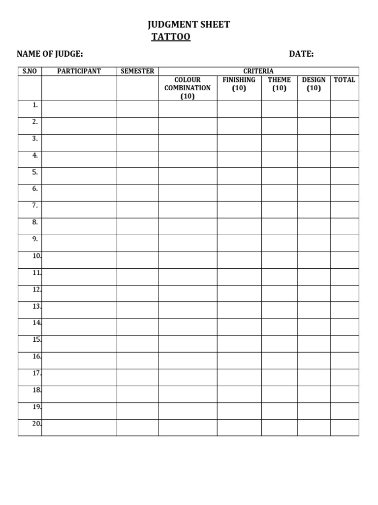 Tattoo Judgment Sheet Template | PDF