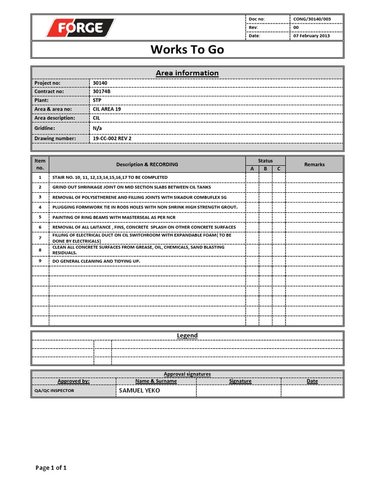 CIL Area 19 Project Completion Checklist | PDF