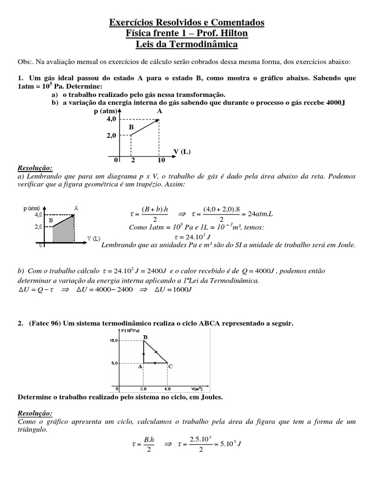 Exercícios Resolvidos e Comentados - Leis Termodinamica | Termodinâmica ...