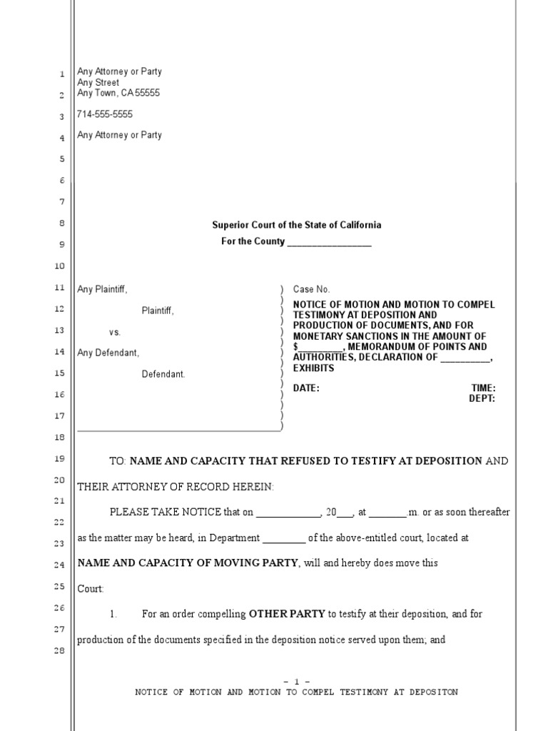 Motion to Compel Deposition Testimony | PDF | Deposition (Law ...
