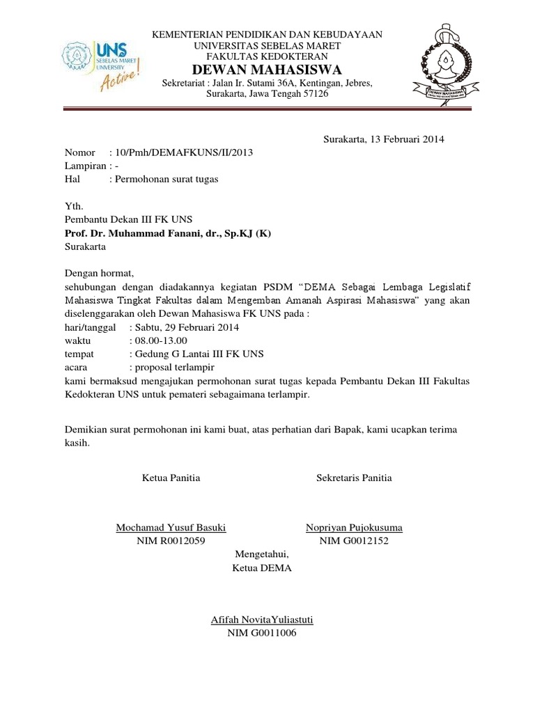 Contoh Surat Permohonan Surat Tugas Pemateri 1 lembar Perihal.