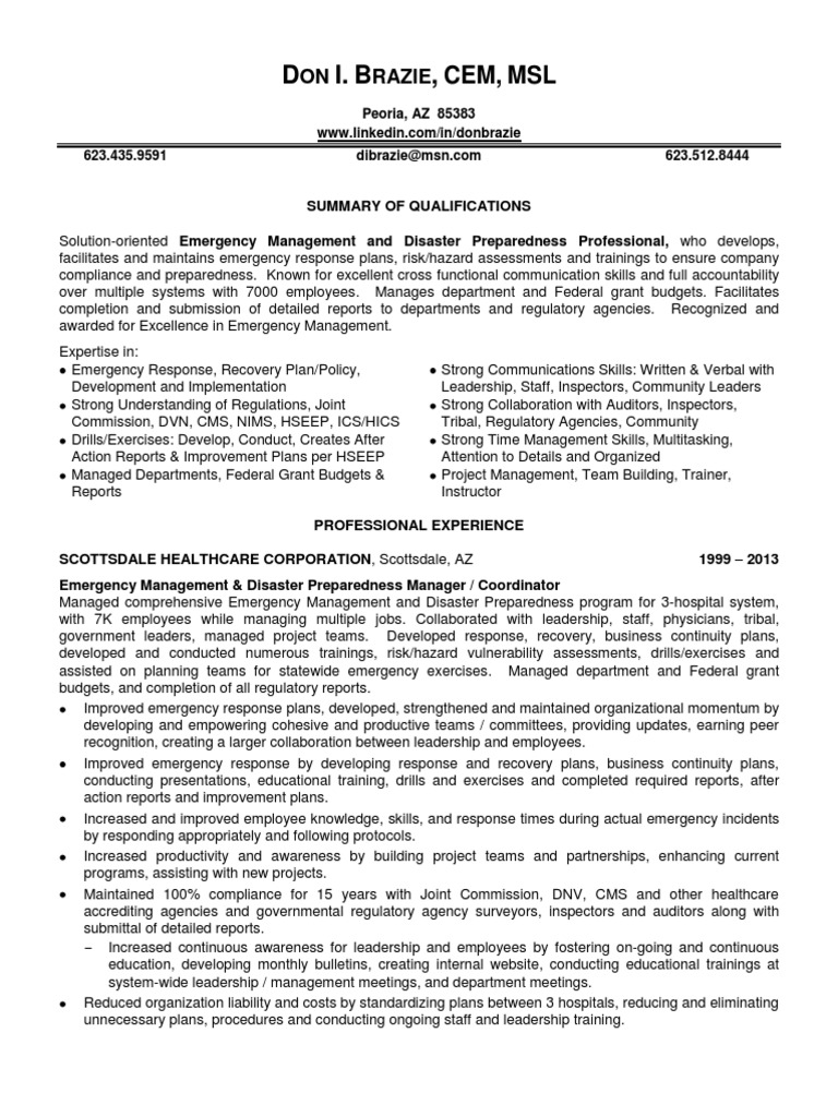 Emergency Management Disaster Preparedness Manager in Phoenix AZ Resume