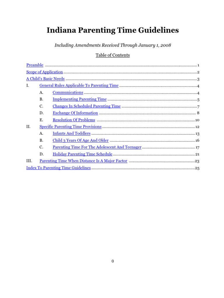 Indiana Parenting Time Guidelines PDF Child Custody Contact (Law)