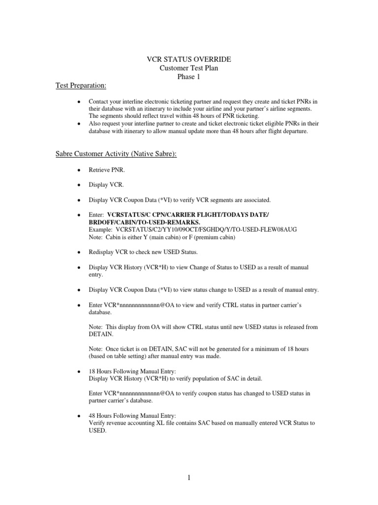 Vcr Status Override Customer Test Plan Phase1 Data Computer Data