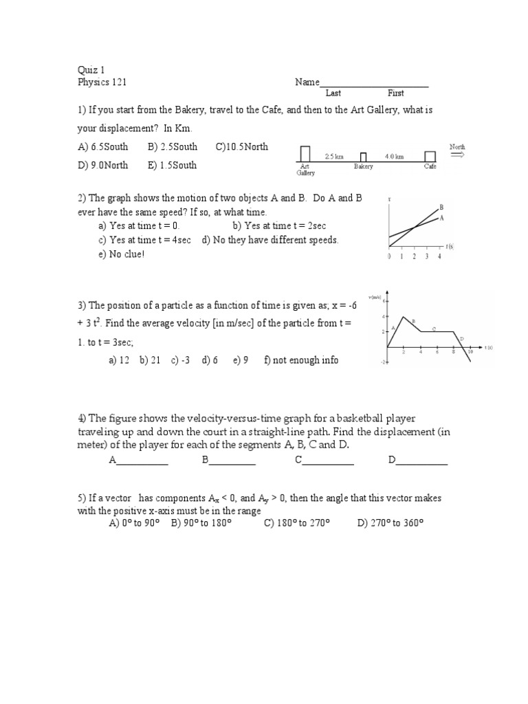 Physics 121 Quiz on Motion and Vectors | PDF | Teaching Methods & Materials