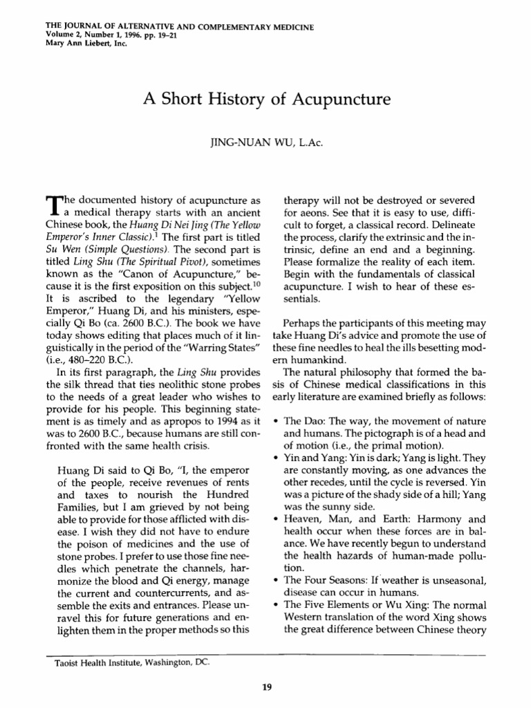 Short History of Acupuncture - Wu JN PDF | PDF | Acupuncture ...