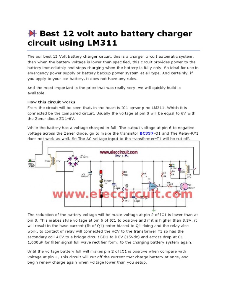 Best 12 Volt Auto Battery Charger Circuit Using LM311 PDF Battery