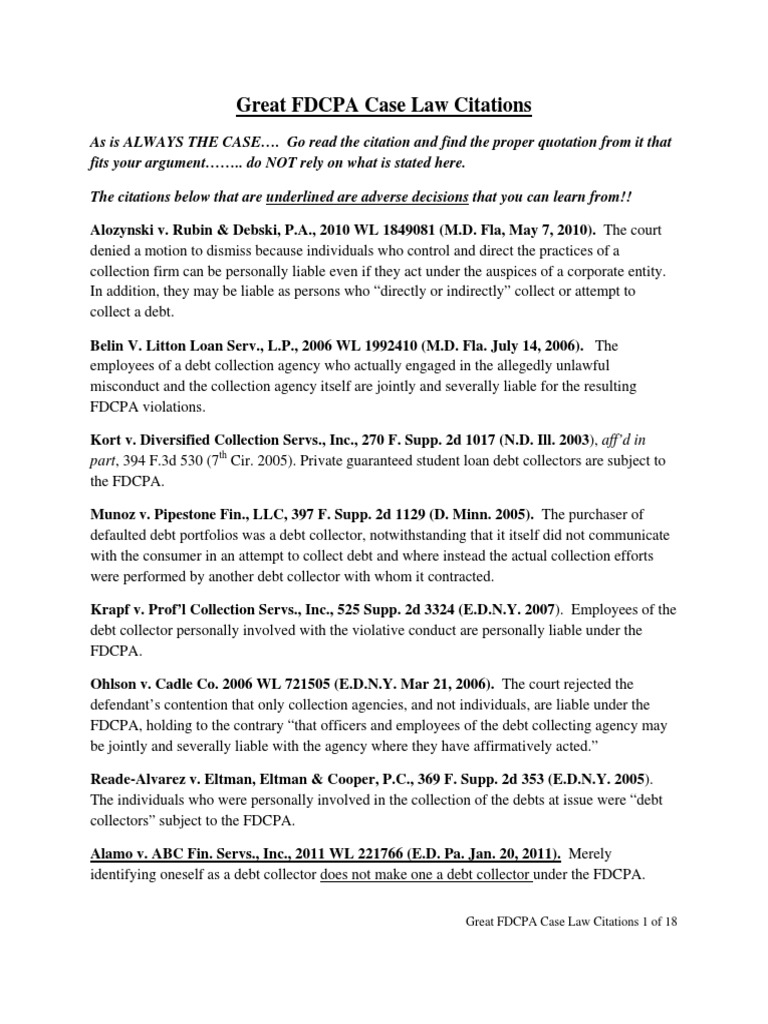 FDCPA Case Law Citations Collection Agency Standing (Law)
