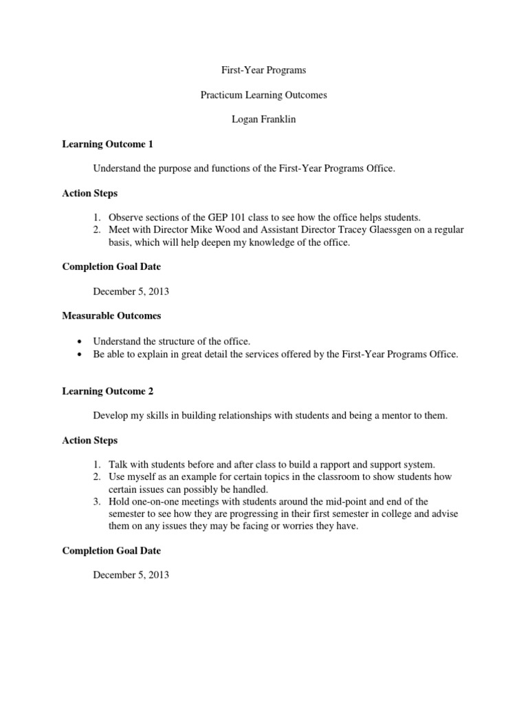 First-Year Programs Practicum Goals | PDF | Lesson Plan | Leadership