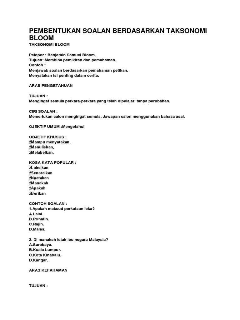Pembentukan Soalan Berdasarkan Taksonomi Bloom