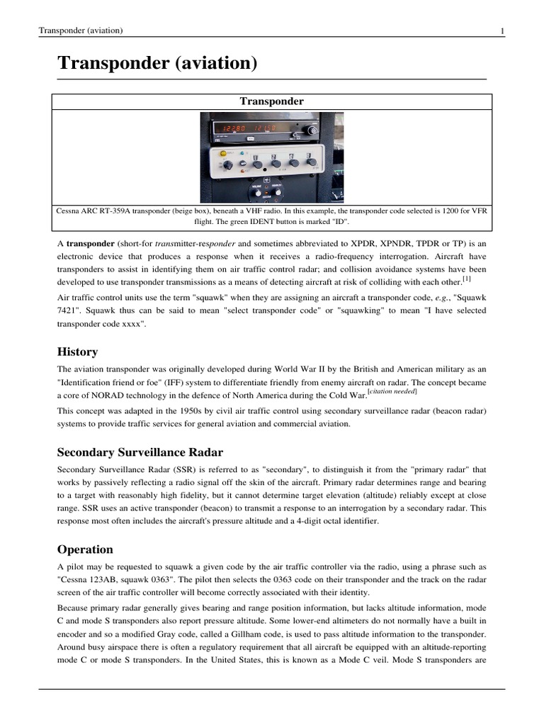 Transponder (Aviation) (Wikipedia en) | Transponder (Aeronautics