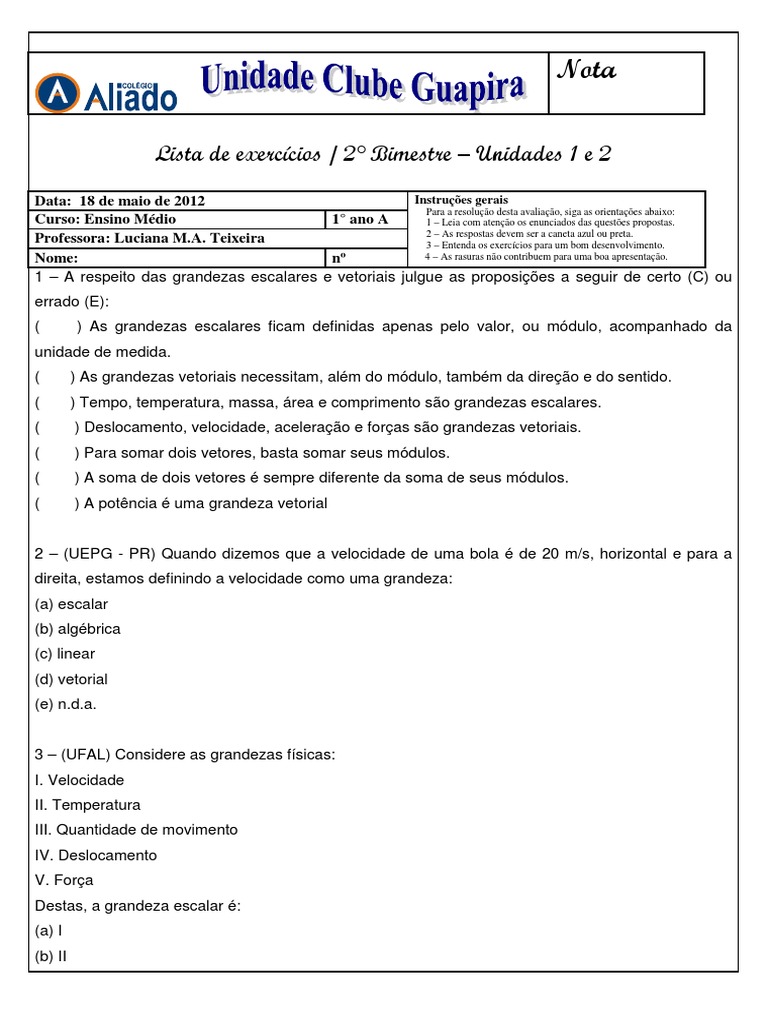 Física - Lista de Exercícios 1 Ano 2º Bimestre | PDF | Deslocamento ...