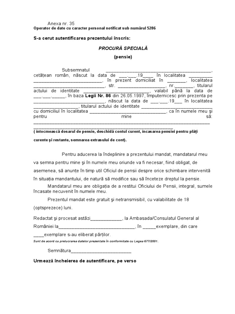 Anexa 35 Procura Pensie