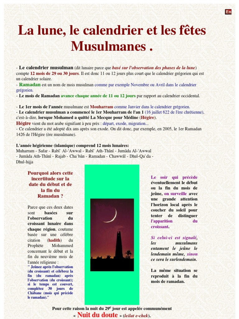 La Lune, Le Calendrier Et Les fêtes Musulmanes . Calendrier Religions abrahamiques