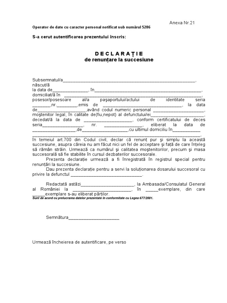 Anexa 21 Declaratie Renuntare Succesiune