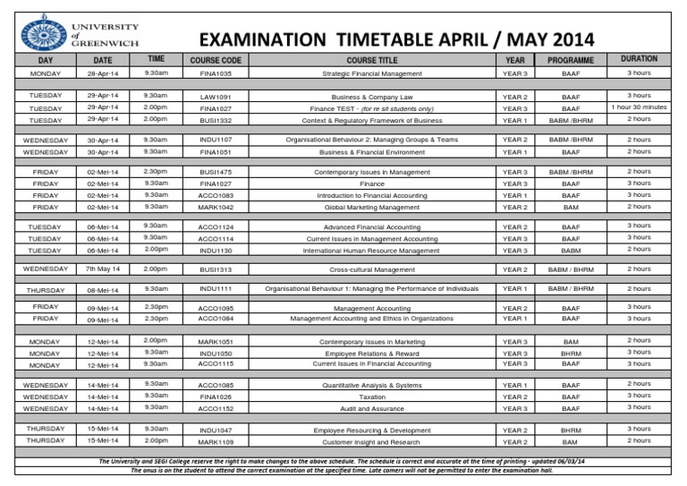Examination Timetable April / May 2014: DAY Date Time Course Code ...