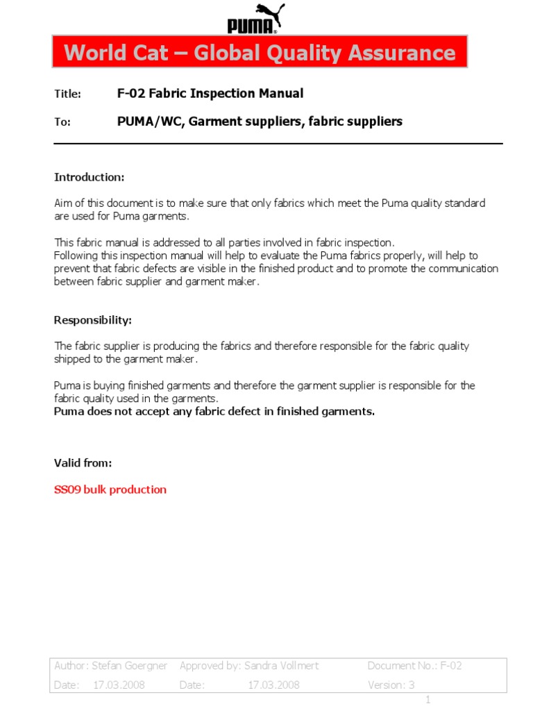 Fabric Inspection Manual for Puma Standards | PDF | Textiles | Dyeing
