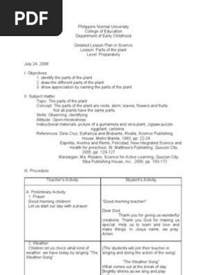 Lesson Plan About Parts of the Plants