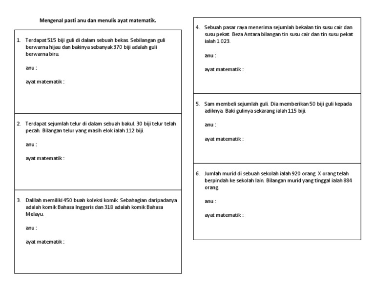 Tolak Mengenal Pasti Anu Dan Menulis Ayat Matematik Pdf