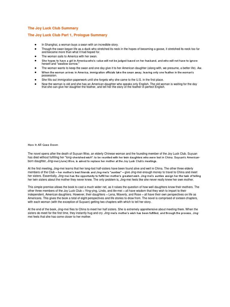 The Joy Luck Club Summary PDF