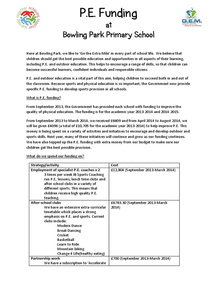 P.E. Funding: at Bowling Park Primary School | PDF | Physical Education ...