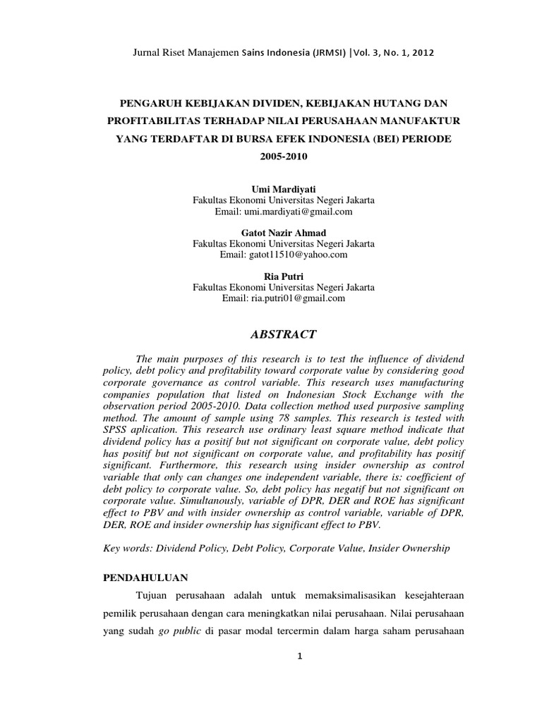 Pengaruh Kebijakan Dividen, Kebijakan Hutang Dan