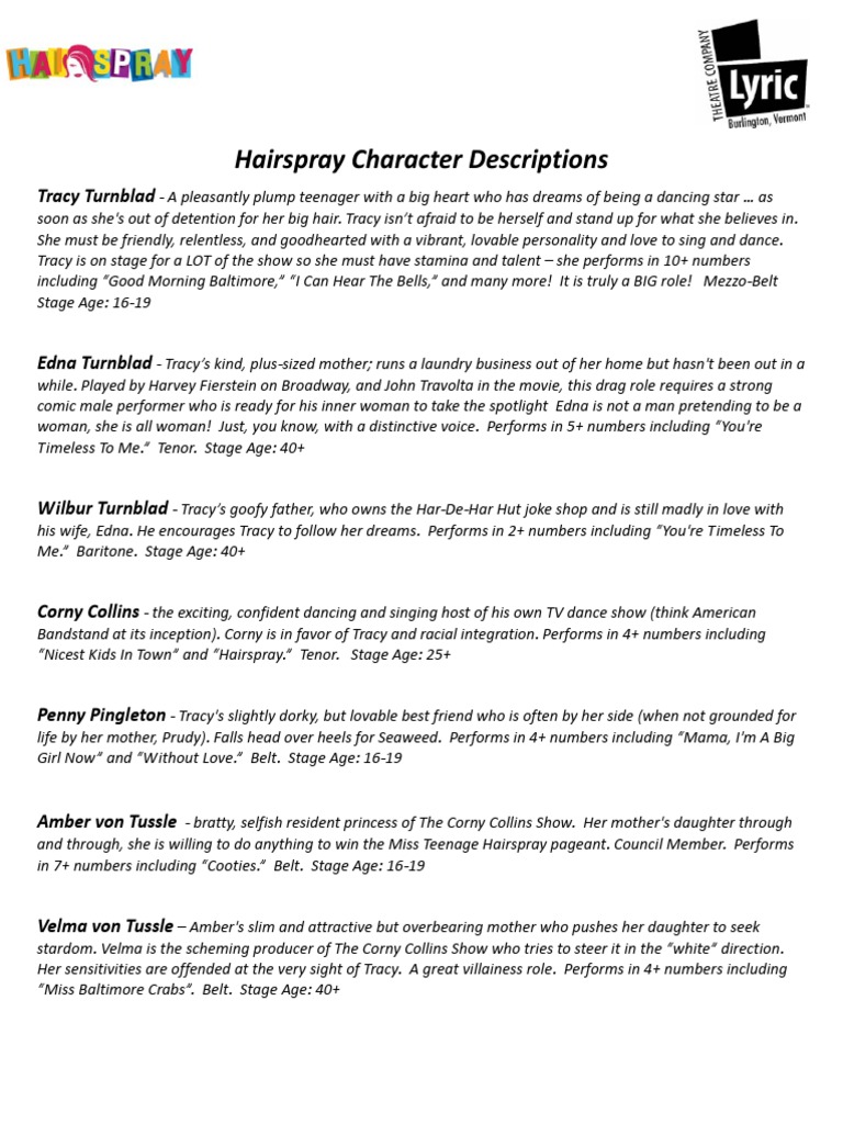 Hairspray Character Breakdown Guide | PDF | Entertainment (General)
