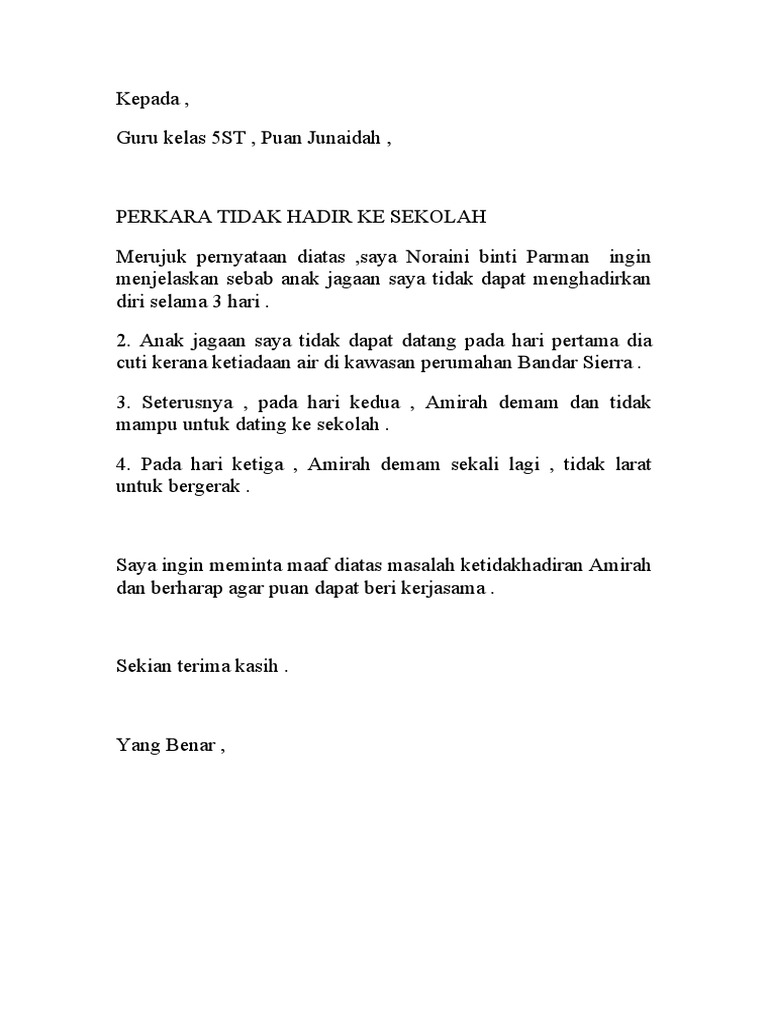 Contoh Surat Cuti Sekolah Kerana Sakit  SuratMenyurat.Net