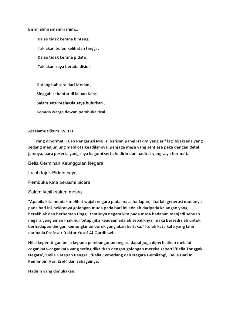 Pidato Belia Cerminan Keunggulan Negara