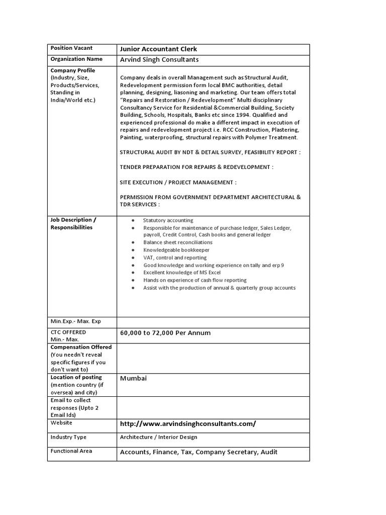 Junior Accountant Role in Mumbai | PDF | Business