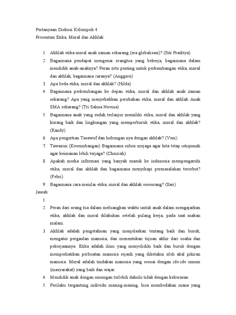 Pertanyaan Diskusi Kelompok 4 Presentasi Etika Moral Dan Akhlak 1